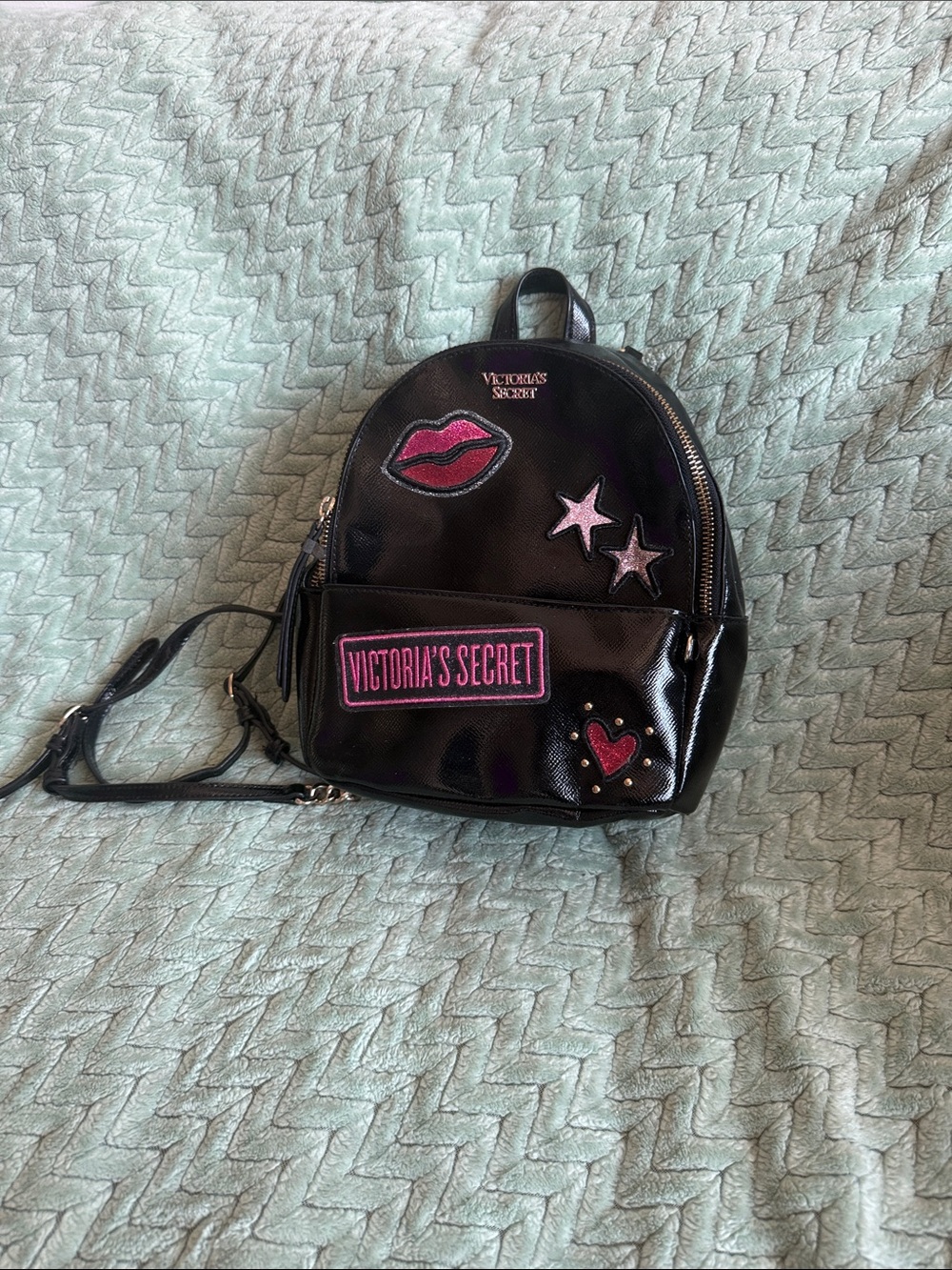 Victoria's Secret Black Mini Backpack with Pink Patch Accents